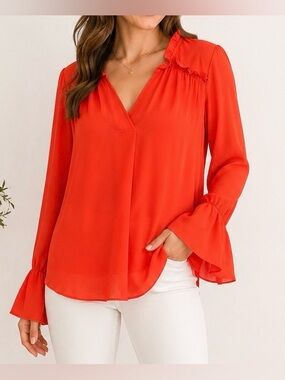 Gibson x Latimer Red Orange V Neck Ruffle Bell Sleeve Blouse Size Large